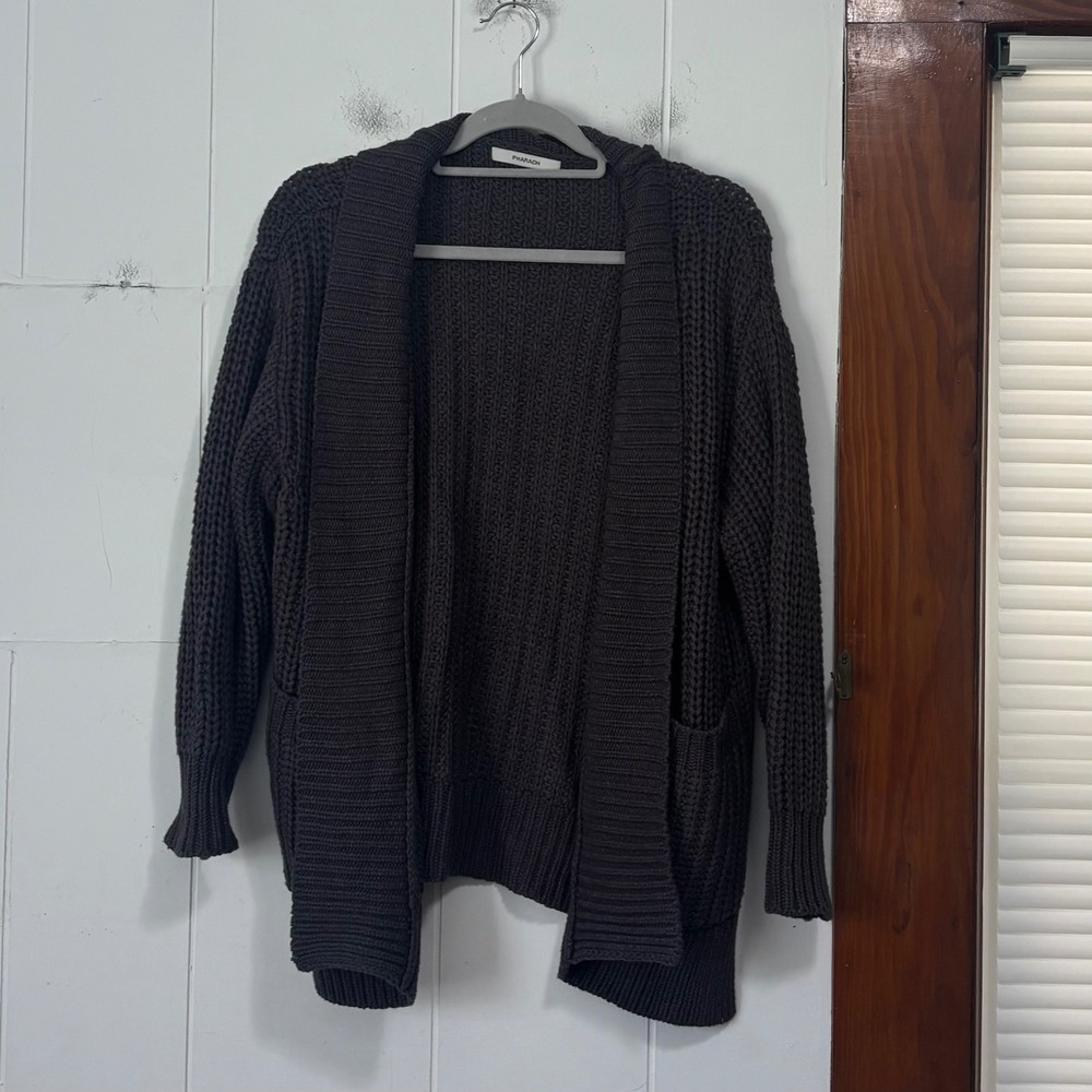 Pharaoh Collection Charcoal Grey Chunky Knit Shawl Cardigan Sweater Size Small